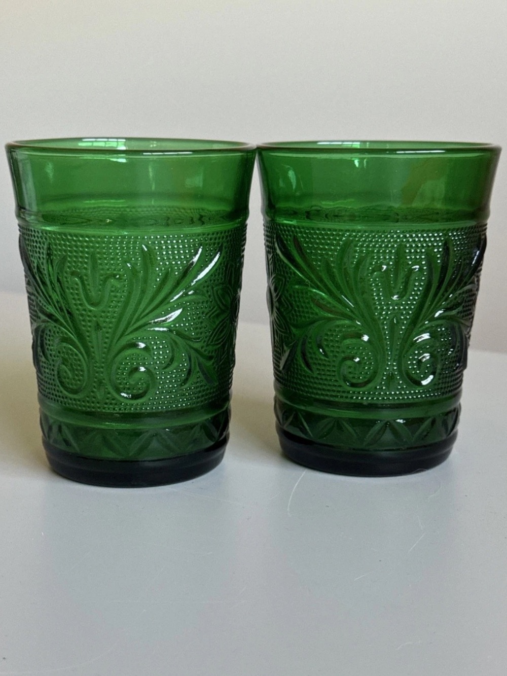 Vintage Anchor Hocking Sandwich Pattern Glass Forest Green Pair of Juice Glasses